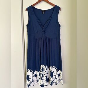 Style & Co Navy Blue Sleeveless Dress with White Floral Hem